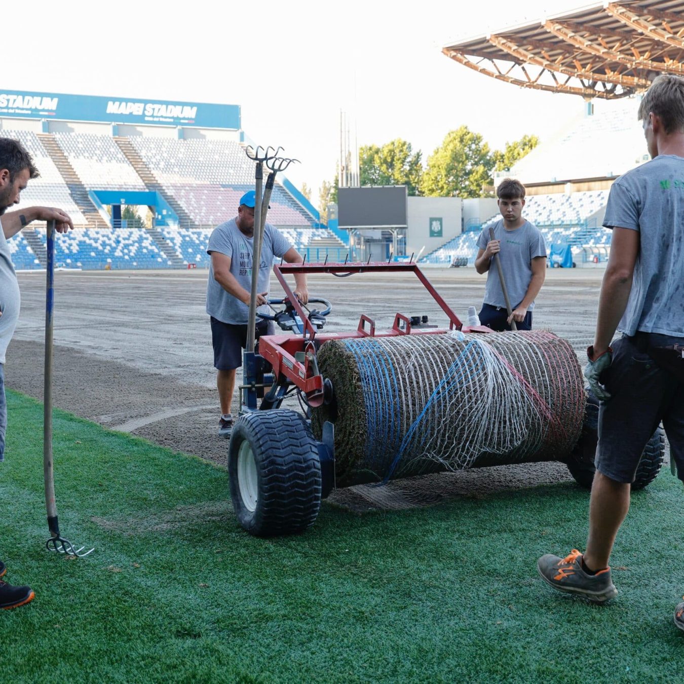 Rotoli di tappeto erboso pronti per la posa durante il rifacimento di uno stadio, Paradello